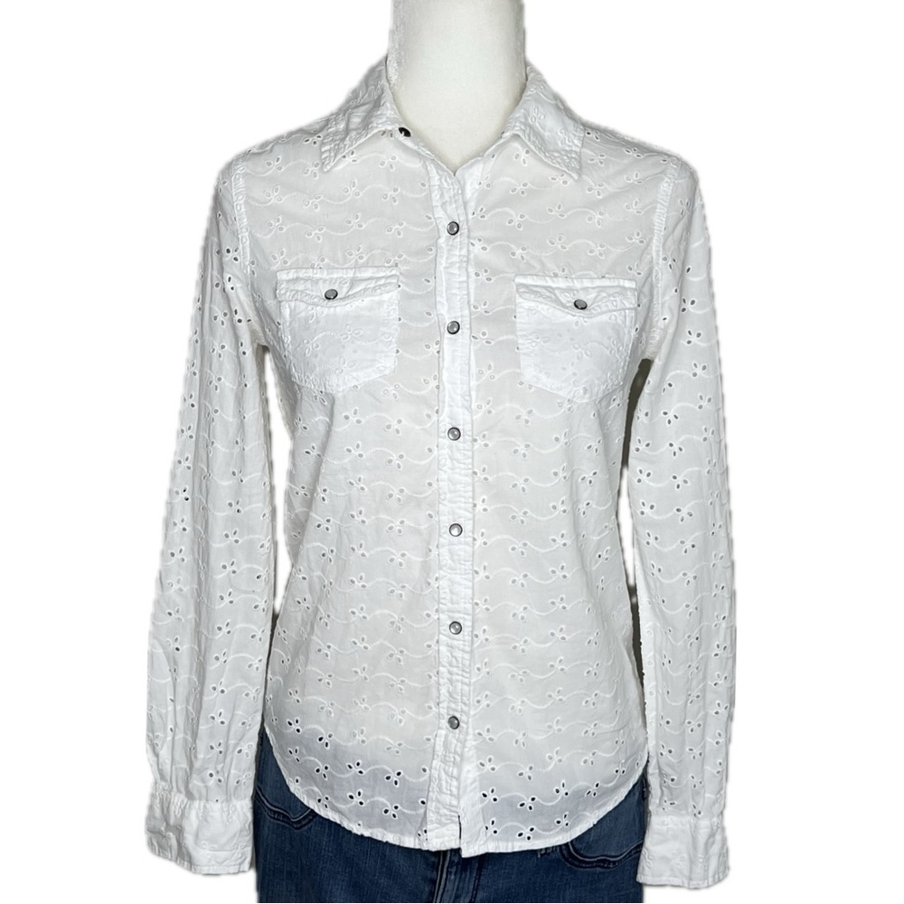 Arizona Jean Co Blouse Eyelet Cotton Long Sleeve Button Up Western White XS - Picture 3 of 14